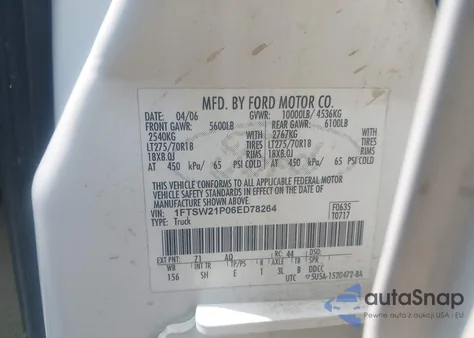 2006 Ford F250 Lariat/Xl/Xlt z USA, uszkodzony, nr VIN 1FTSW21P06ED78264